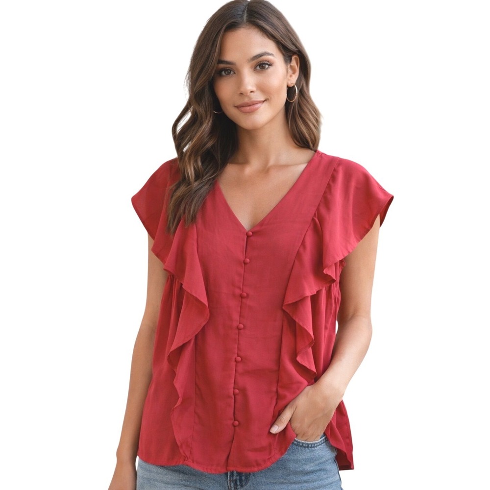 NEW Davi & Dani Medium Red Ruffle Front Button Up Cap Sleeve Blouse Top